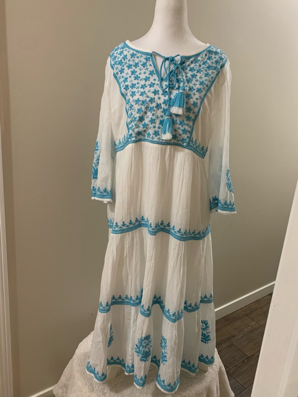 Soft Surroundings White Maxi Dress with Turquoise Embroidery
